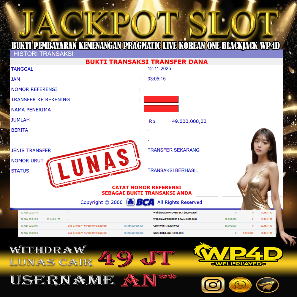 WP4D JACKPOT PRAGMATIC LIVE KOREAN ONE BLACKJACK Rp.49.000.000,- LUNAS