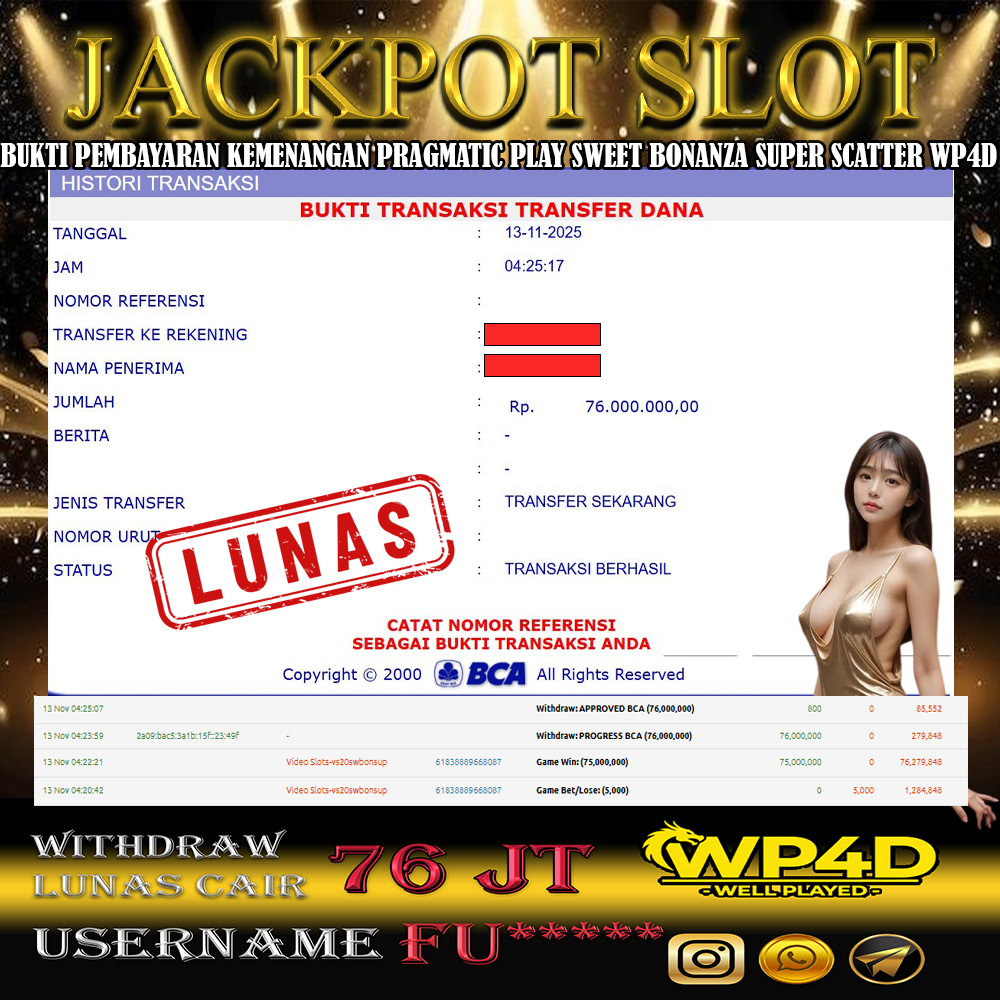 WP4D JACKPOT PRAGMATIC PLAY SWEET BONANZA SUPER SCATTER Rp.76.000.000,- LUNAS