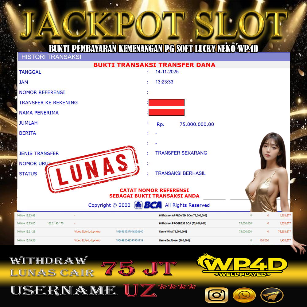 WP4D JACKPOT PG SOFT LUCKY NEKO Rp.75.000.000,- LUNAS