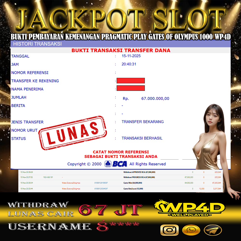 WP4D JACKPOT PRAGMATIC PLAY GATES OF OLYMPUS 1000 Rp.67.000.000,- LUNAS