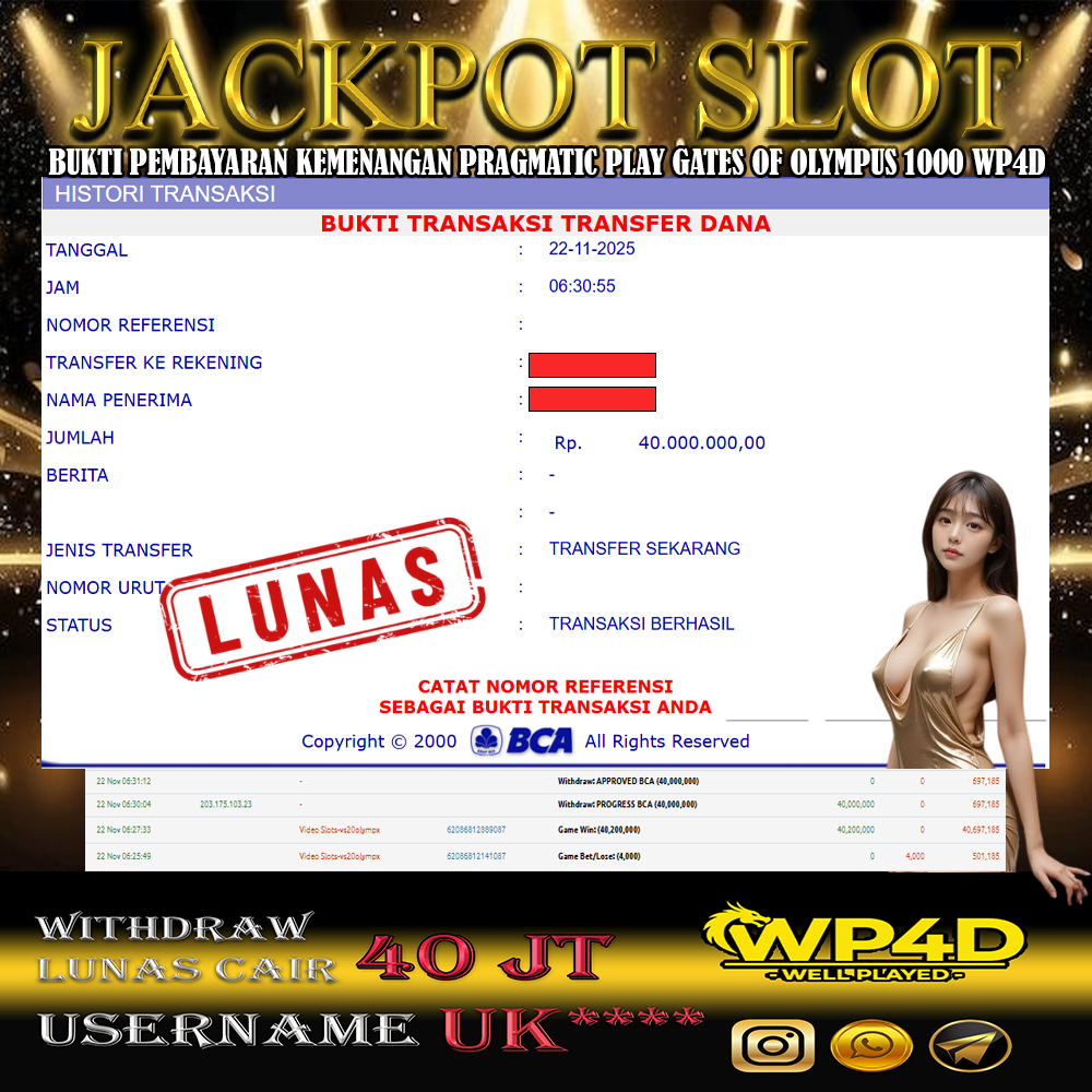 WP4D JACKPOT PRAGMATIC PLAY GATES OF OLYMPUS 1000 Rp.40.000.000,- LUNAS