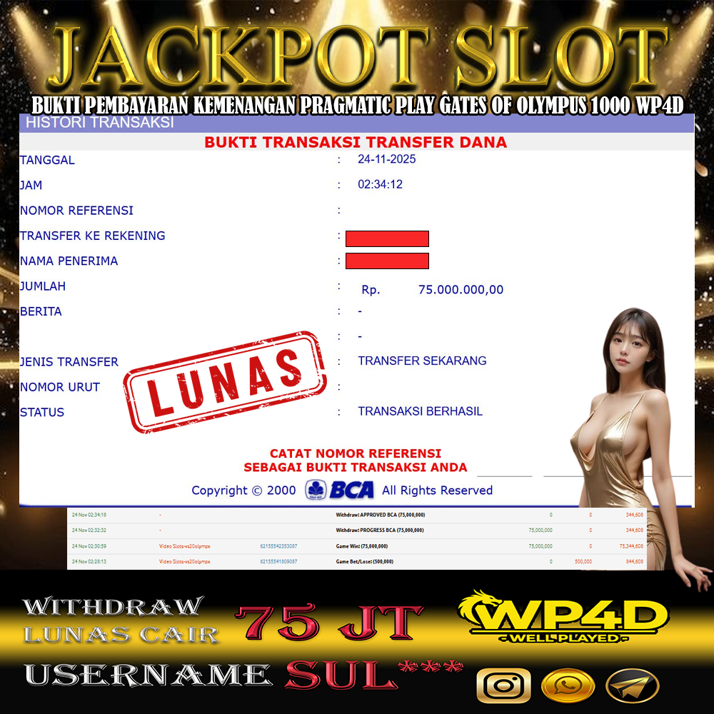 WP4D JACKPOT PRAGMATIC PLAY GATES OF OLYMPUS 1000 Rp.75.000.000,- LUNAS