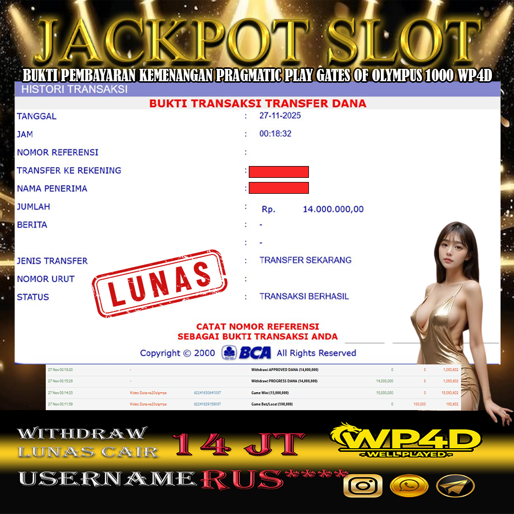 WP4D JACKPOT PRAGMATIC PLAY GATES OF OLYMPUS 1000 Rp.14.000.000,- LUNAS