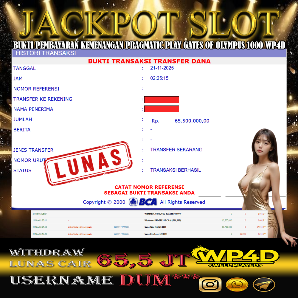WP4D JACKPOT PRAGMATIC PLAY GATES OF OLYMPUS 1000 Rp.65.500.000,- LUNAS